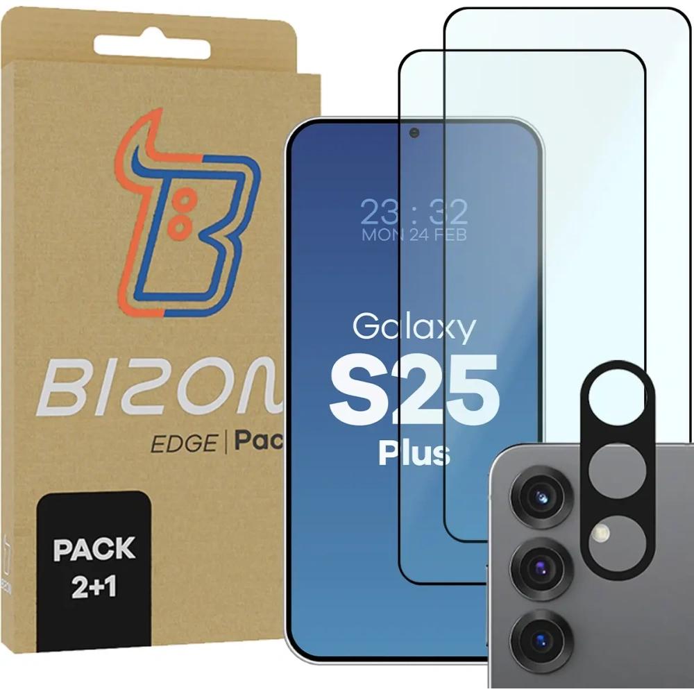 2x szkło na ekran + 1x na aparat BIZON Edge 2 Pack do Samsung Galaxy S25+ Plus