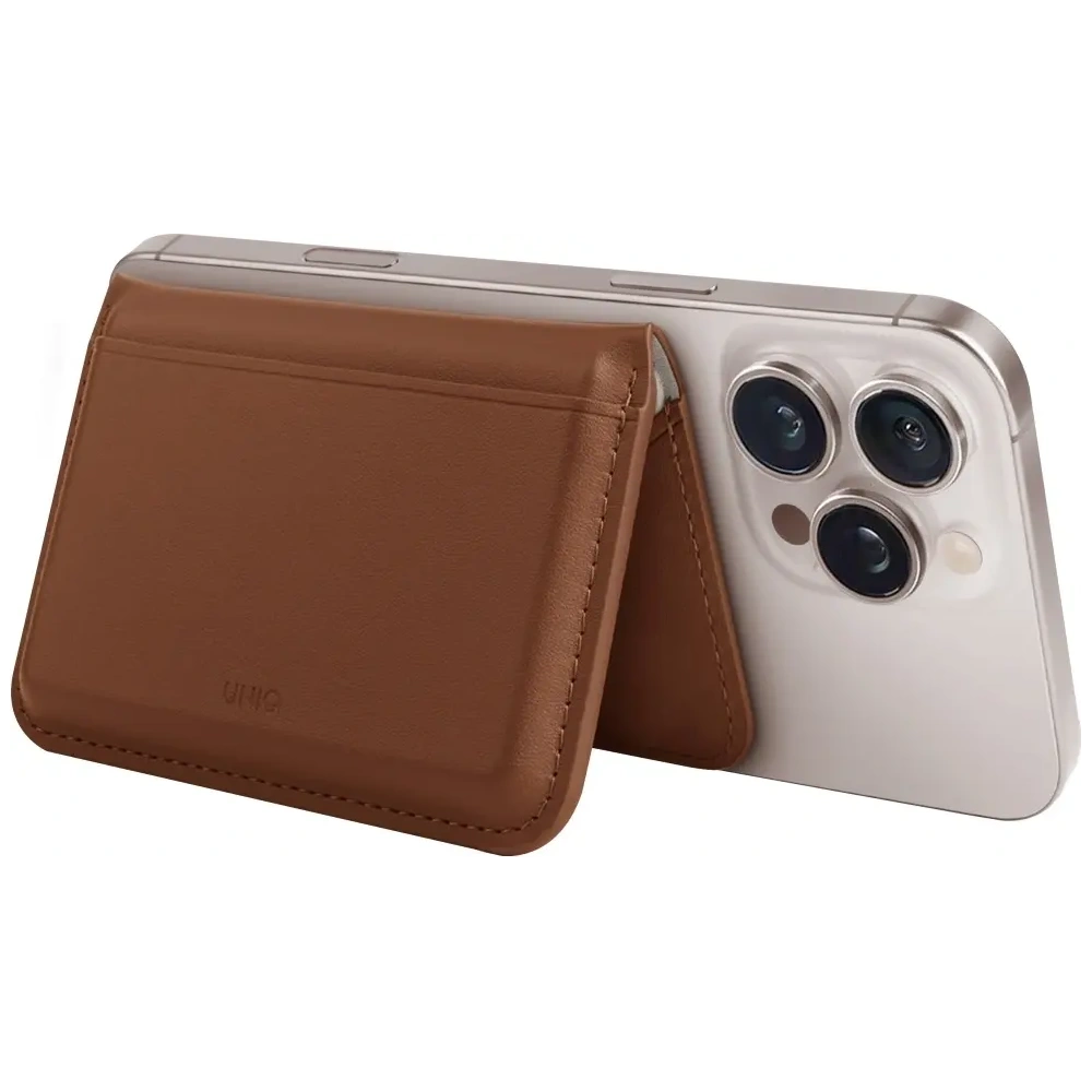 Magnetyczny portfel RFID UNIQ Lyden DS stojak na telefon karmelowy