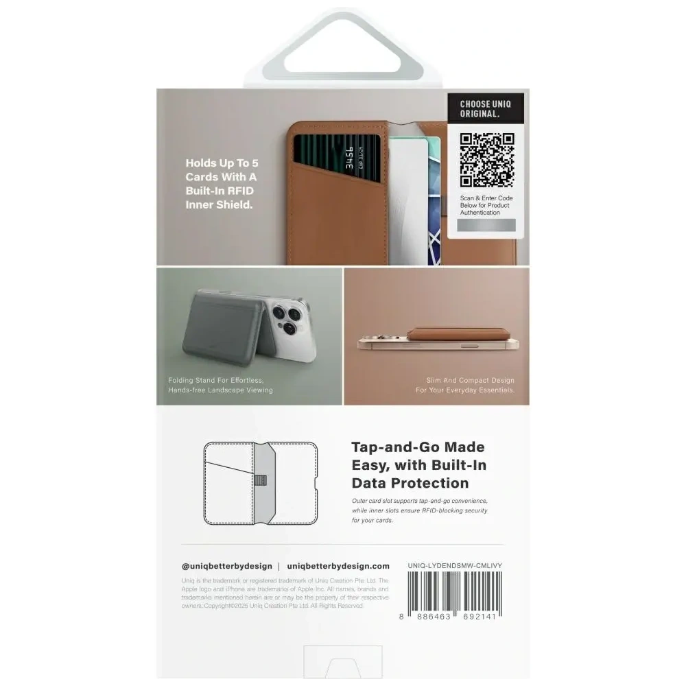 Magnetyczny portfel RFID UNIQ Lyden DS stojak na telefon karmelowy