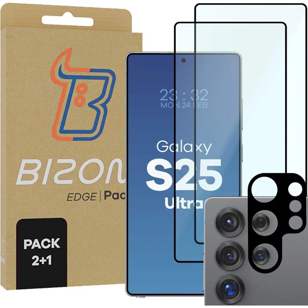 2x szkło na ekran + 1x na aparat BIZON Edge 2 Pack do Samsung Galaxy S25 Ultra