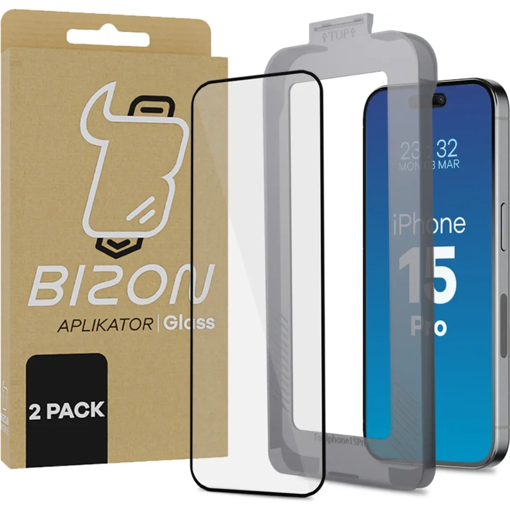 Szkło hartowane z ramką montażową Bizon Glass Aplikator do Apple iPhone 15 Pro [2 PACK]