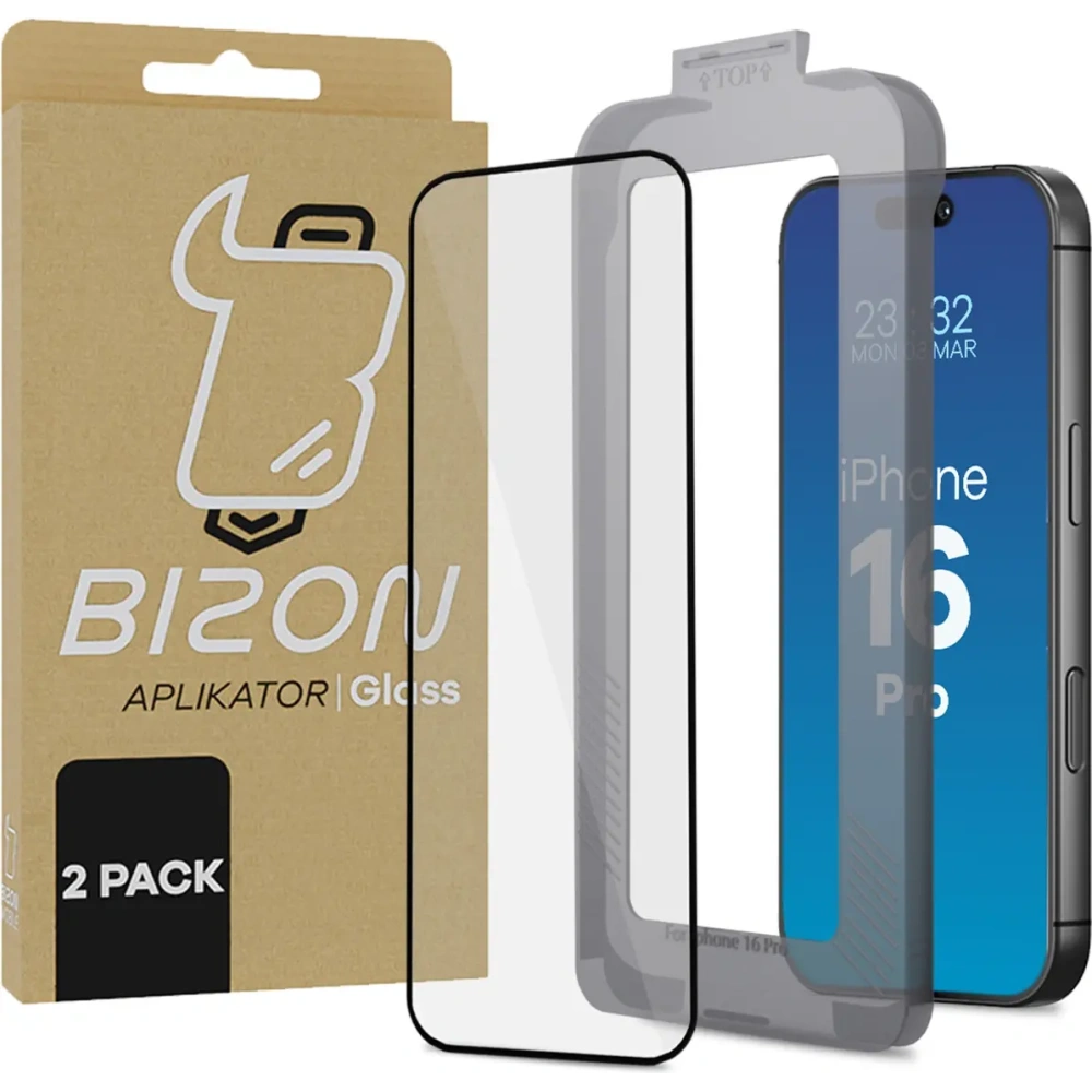 Szkło hartowane z ramką montażową Bizon Glass Aplikator do Apple iPhone 16 Pro [2 PACK]