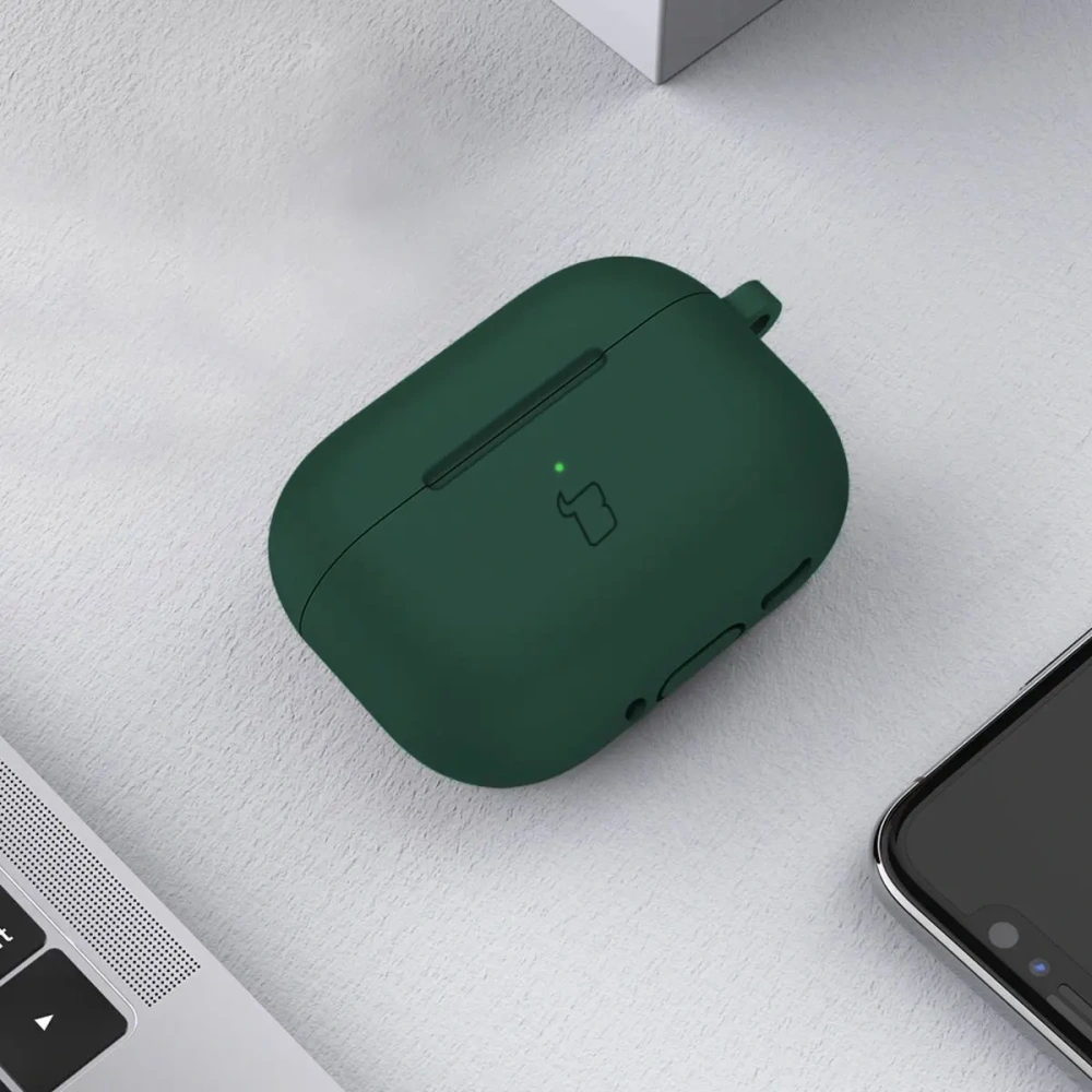 Silikonowe etui z karabińczykiem Bizon Case Headphone Silicone do Apple AirPods 4 ciemnozielone