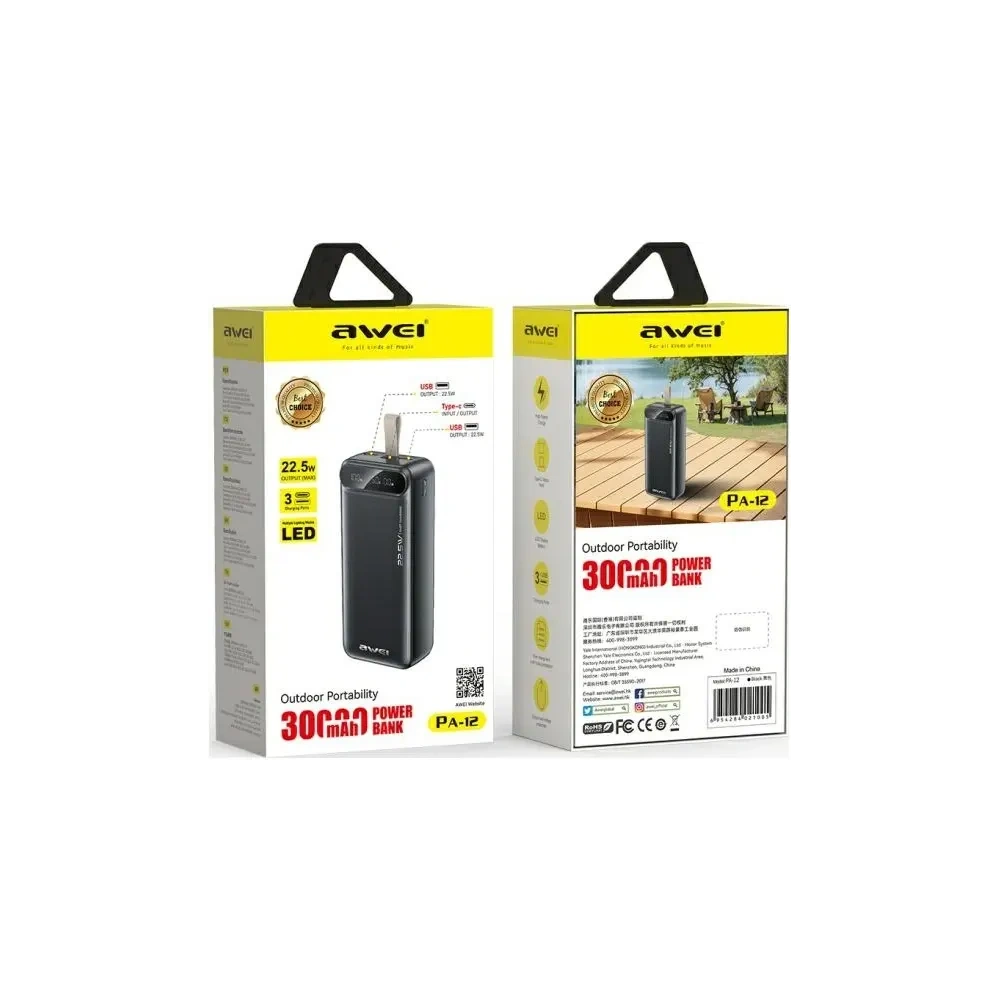 Powerbank AWEI PA-12 30000mAh 22.5W czarny/black