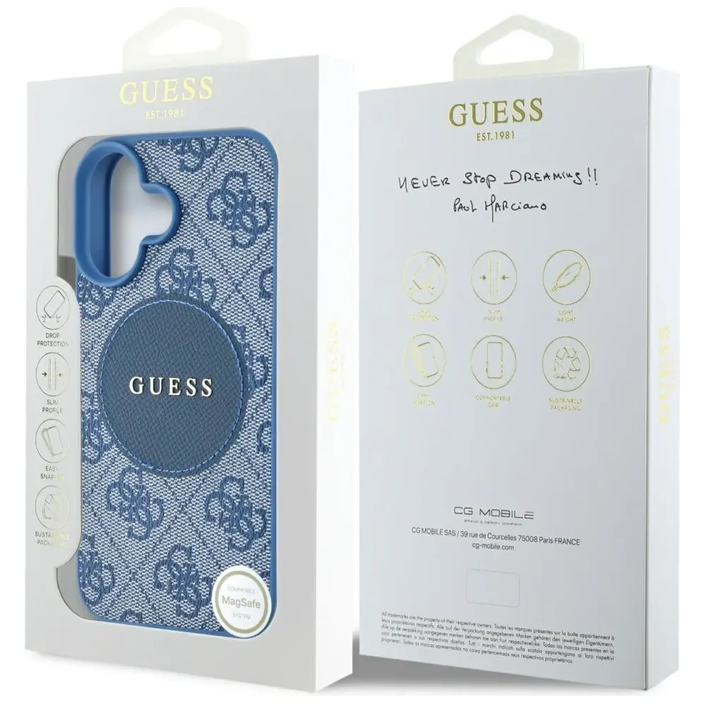 Etui Guess 4G Circle Classic Logo MagSafe do Apple iPhone 16 niebieski