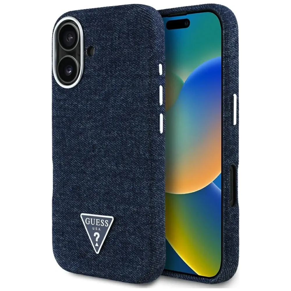 Etui Guess Denim Triangle Logo MagSafe do Apple iPhone 16 niebieski