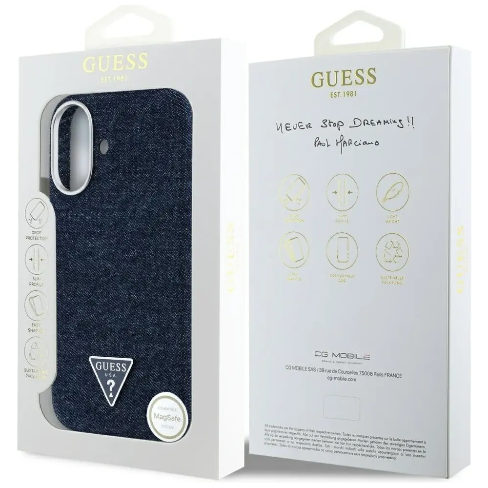 Etui Guess Denim Triangle Logo MagSafe do Apple iPhone 16 niebieski