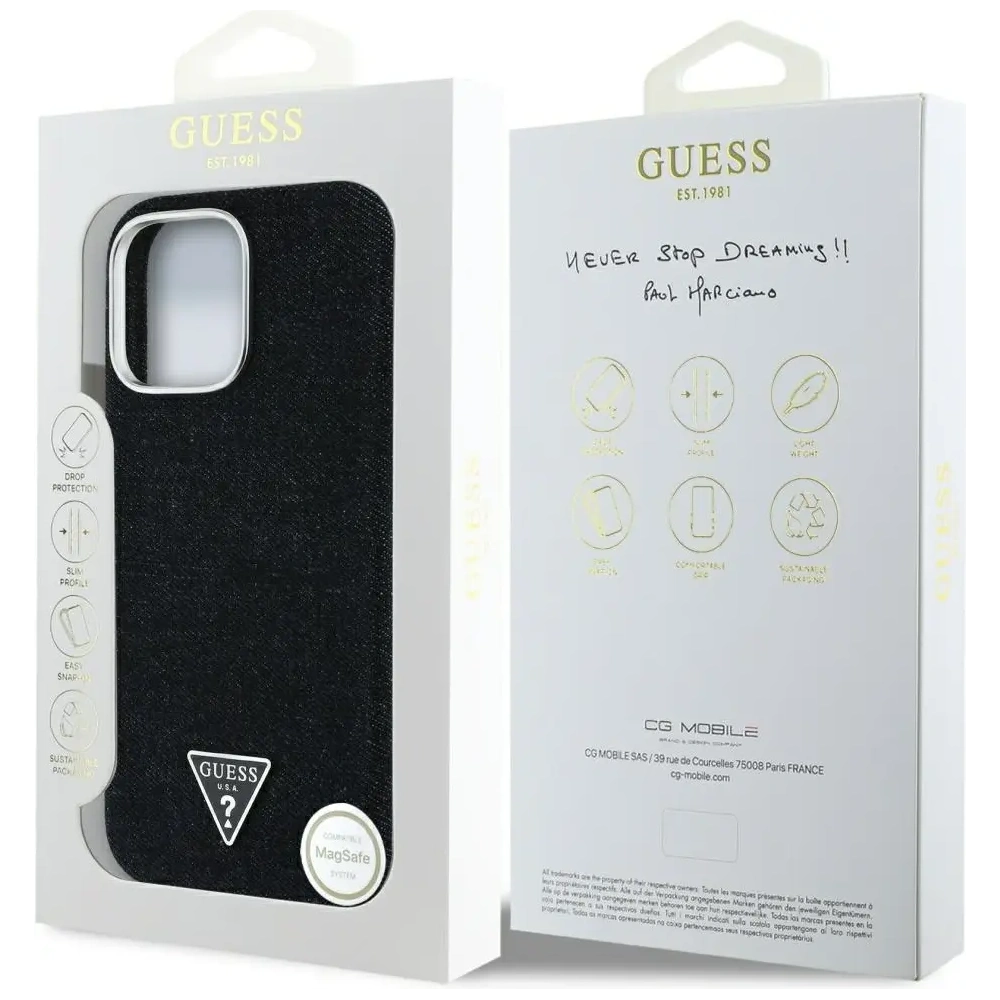 Etui Guess Denim Triangle Logo MagSafe do Apple iPhone 16 Pro czarny
