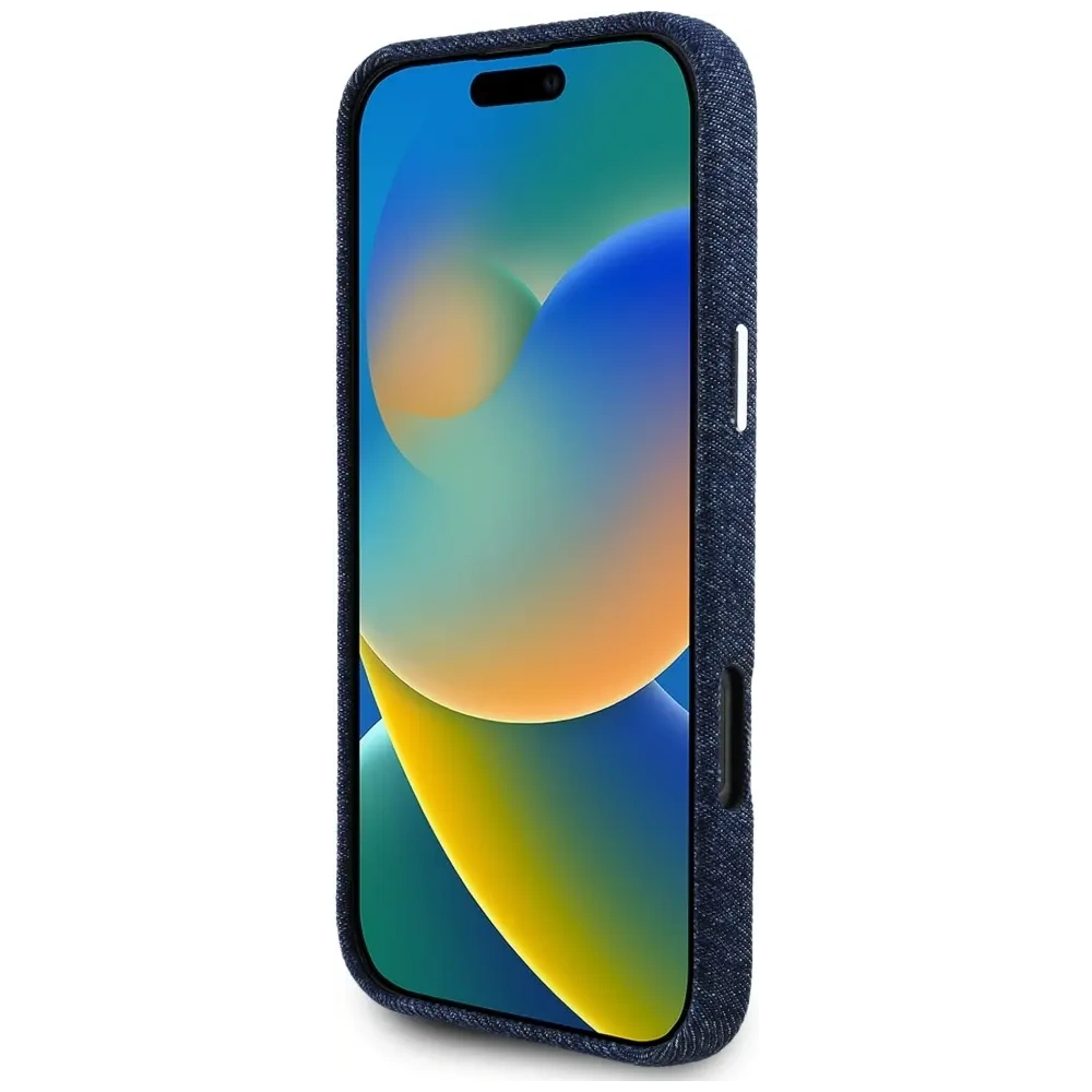 Etui Guess Denim Triangle Logo MagSafe do Apple iPhone 16 Pro Max niebieski