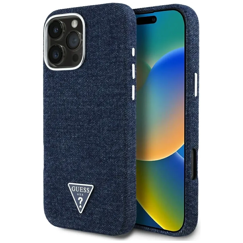 Etui Guess Denim Triangle Logo MagSafe do Apple iPhone 16 Pro niebieski