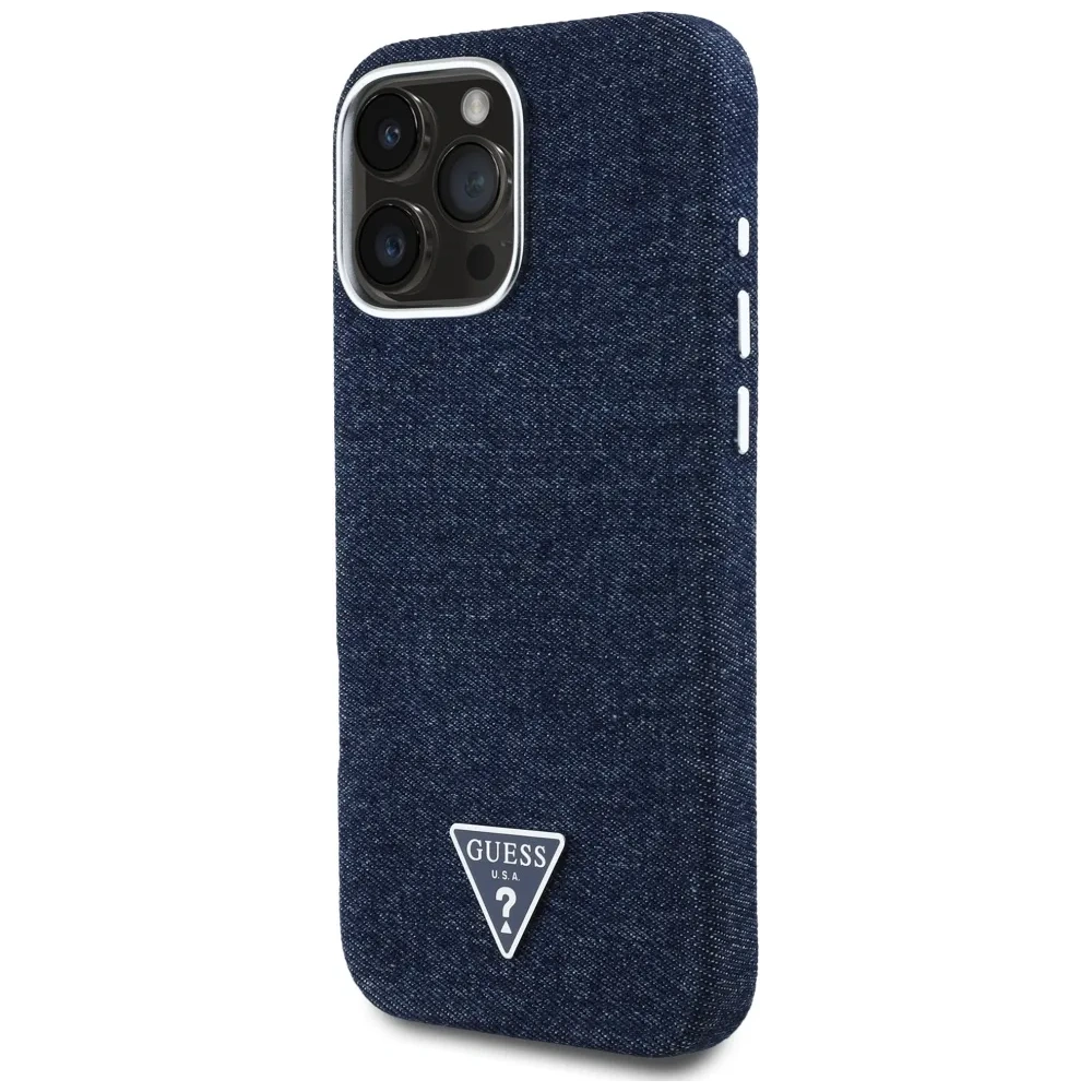 Etui Guess Denim Triangle Logo MagSafe do Apple iPhone 16 Pro niebieski