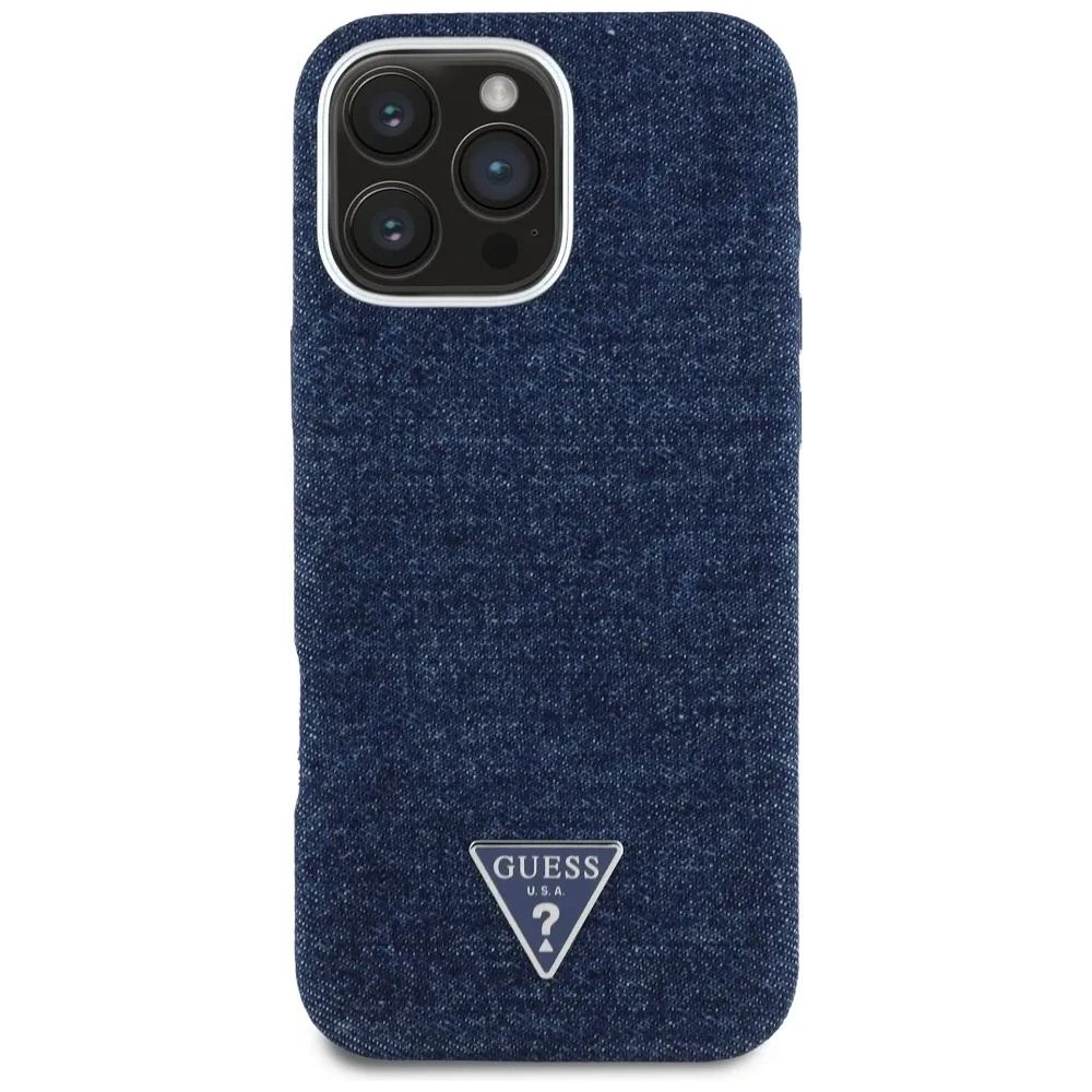 Etui Guess Denim Triangle Logo MagSafe do Apple iPhone 16 Pro niebieski