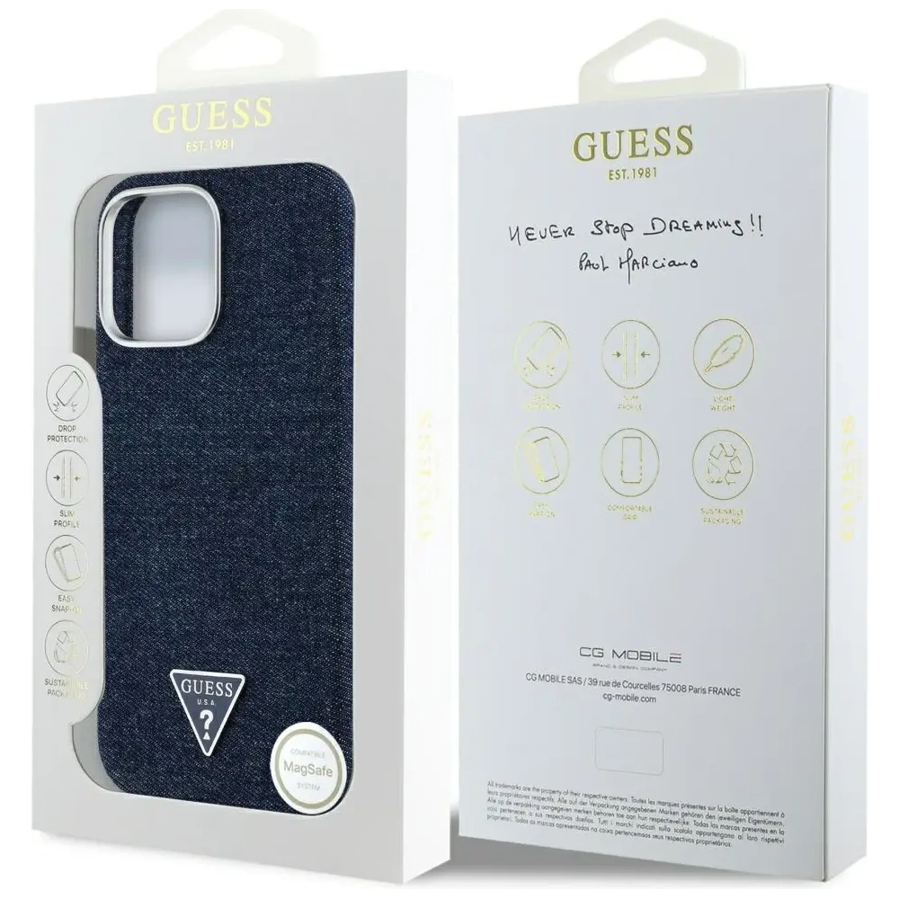 Etui Guess Denim Triangle Logo MagSafe do Apple iPhone 16 Pro niebieski