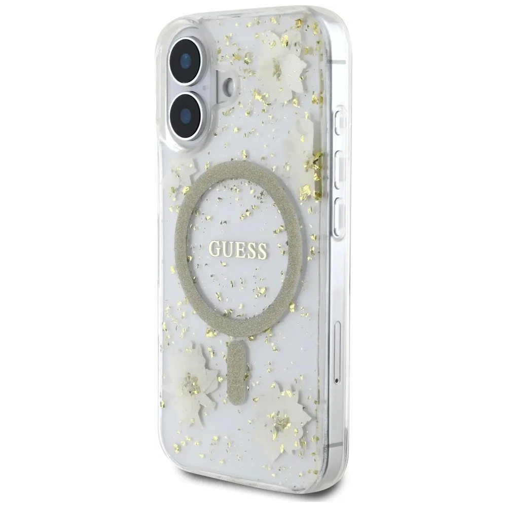 Etui Guess Resin Flowers Glitter MagSafe do Apple iPhone 16 beżowy