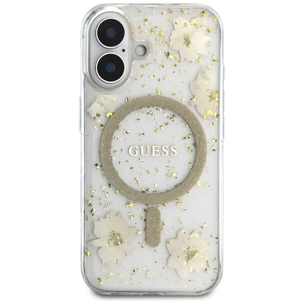 Etui Guess Resin Flowers Glitter MagSafe do Apple iPhone 16 beżowy