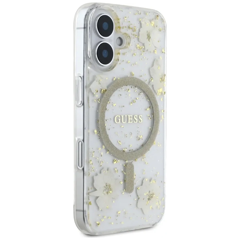 Etui Guess Resin Flowers Glitter MagSafe do Apple iPhone 16 beżowy