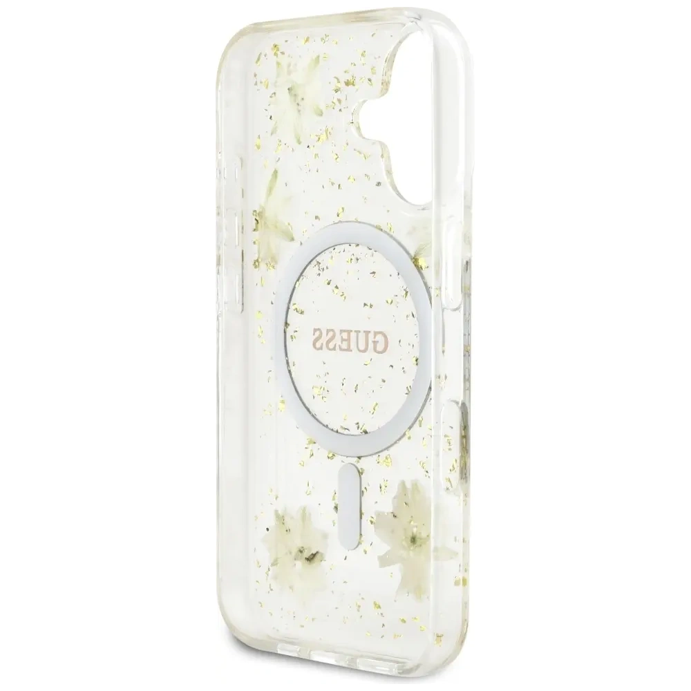 Etui Guess Resin Flowers Glitter MagSafe do Apple iPhone 16 beżowy