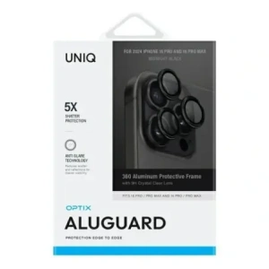 Kup Szkło na obiektyw aparatu UNIQ Optix Aluminium Camera Lens Protector Apple iPhone 16 Pro / 16 Pro Max midnight black - UNIQ1513 - {ean13} - Sklep Home Screen
