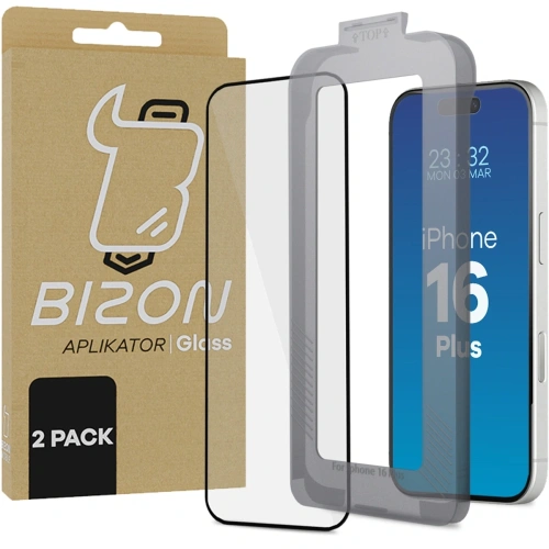 Kup Tvrzené sklo s montážním rámečkem Bizon Glass Aplikátor pro Apple iPhone 16 Plus [2 BALENÍ] - BIZ8867 - {ean13} - Sklep Home Screen