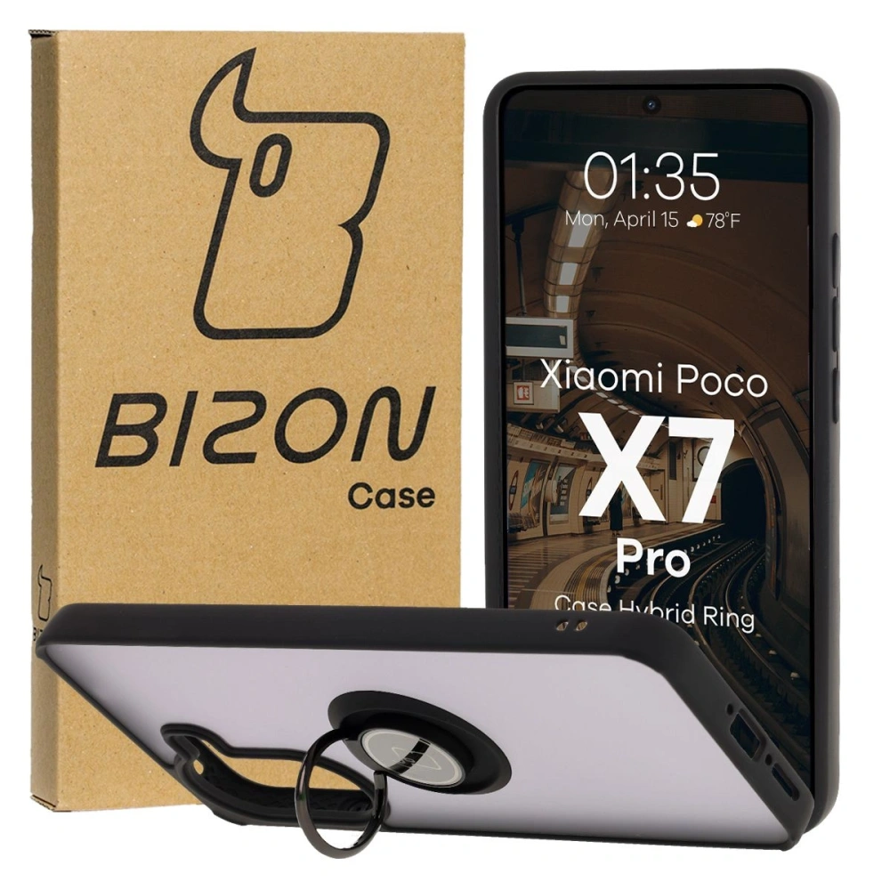 Etui z uchwytem na palec Bizon Case Hybrid Ring do Xiaomi Poco X7 Pro przydymione z czarną ramką