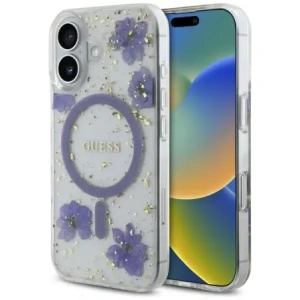 Kup Etui Guess gyanta virágokkal és csillámokkal MagSafe Apple iPhone 16-hoz lila - GUE4495 - {ean13} - Sklep Home Screen