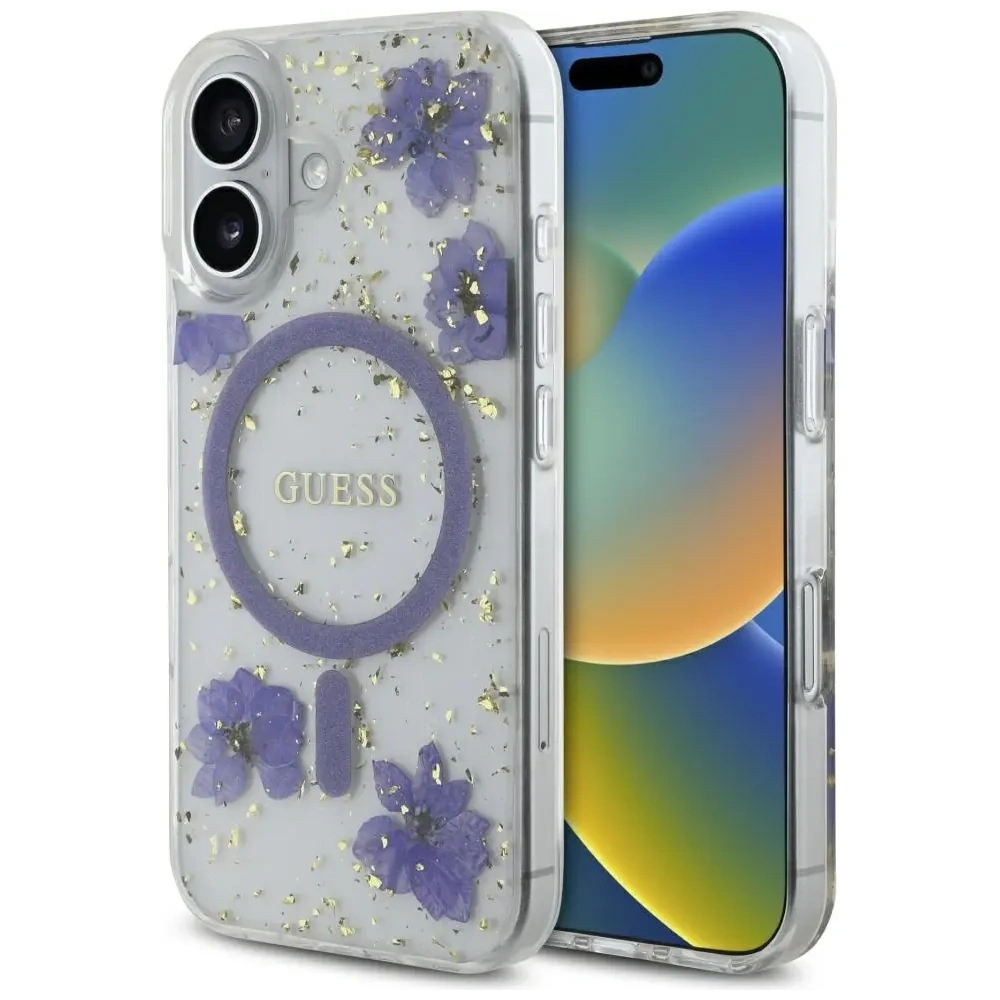 Etui Guess Resin Flowers Glitter MagSafe do Apple iPhone 16 fioletowy