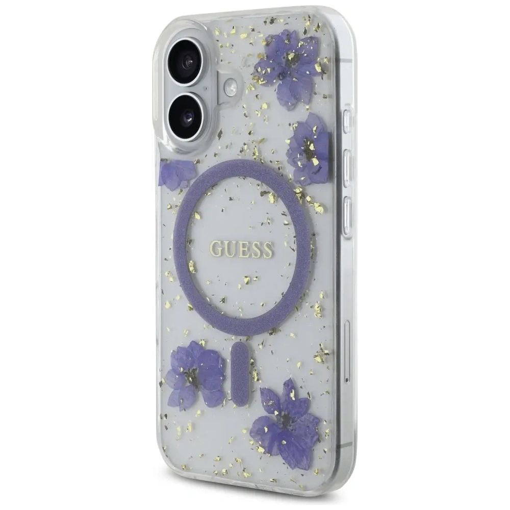 Etui Guess Resin Flowers Glitter MagSafe do Apple iPhone 16 fioletowy