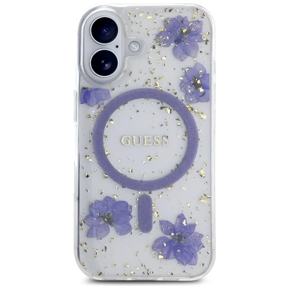 Etui Guess Resin Flowers Glitter MagSafe do Apple iPhone 16 fioletowy