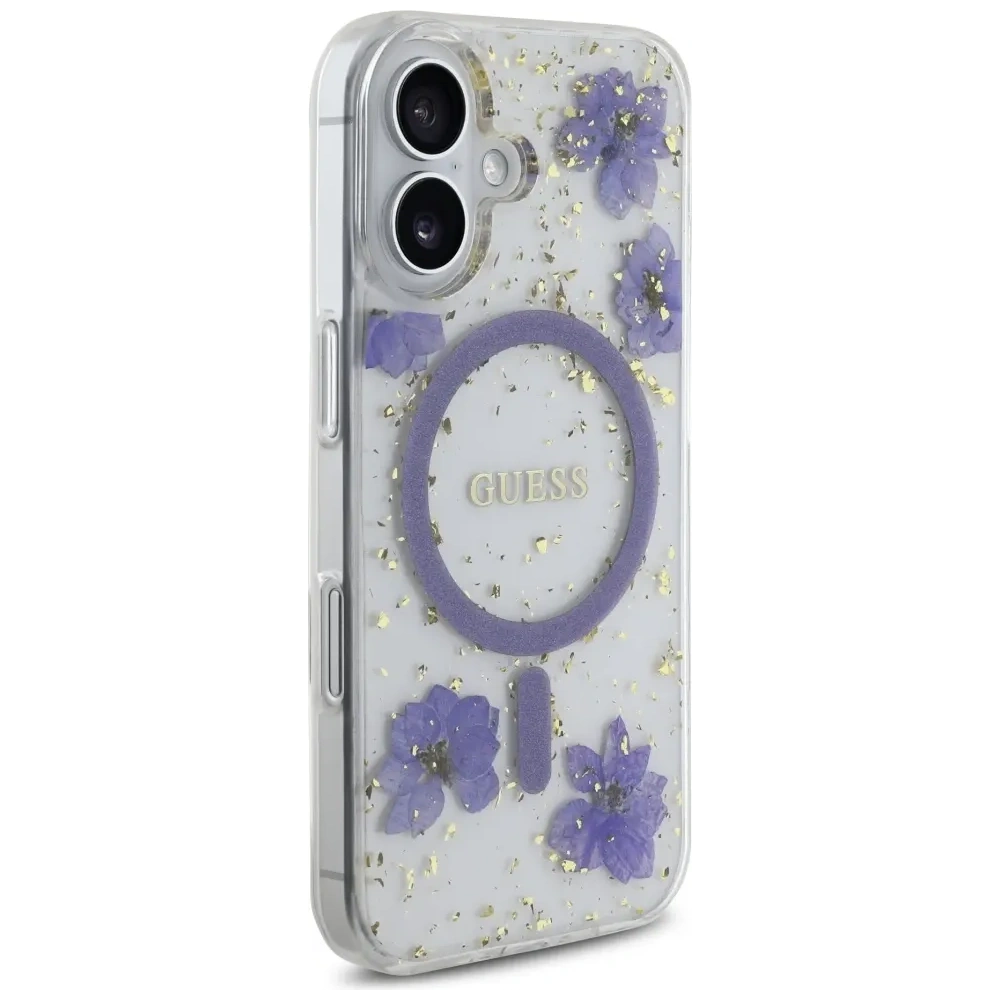 Etui Guess Resin Flowers Glitter MagSafe do Apple iPhone 16 fioletowy