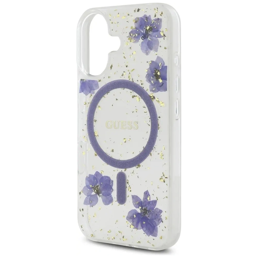 Etui Guess Resin Flowers Glitter MagSafe do Apple iPhone 16 fioletowy