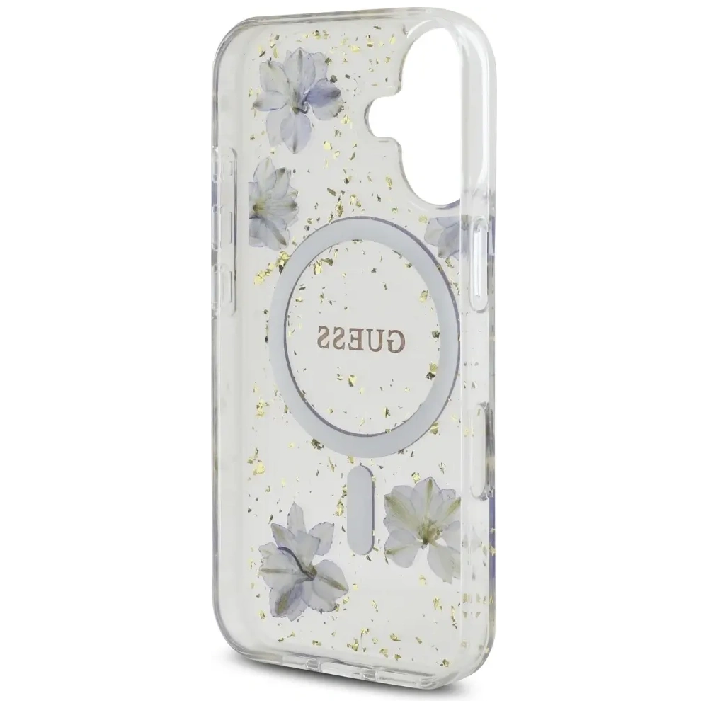Etui Guess Resin Flowers Glitter MagSafe do Apple iPhone 16 fioletowy