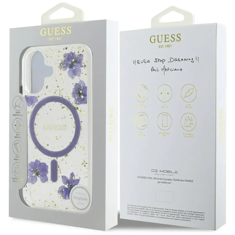 Etui Guess Resin Flowers Glitter MagSafe do Apple iPhone 16 fioletowy