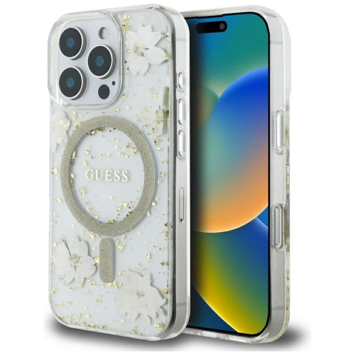Buy Case Guess Resin Flowers Glitter MagSafe for Apple iPhone 16 Pro beige - GUE4496 - {ean13} - Home Screen Store Europe