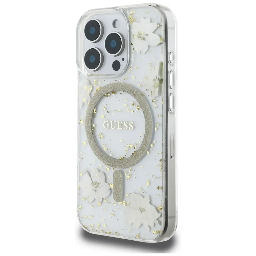 Etui Guess Resin Flowers Glitter MagSafe do Apple iPhone 16 Pro beżowy