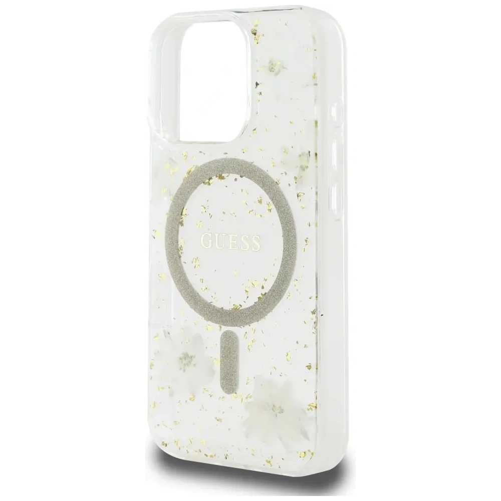 Etui Guess Resin Flowers Glitter MagSafe do Apple iPhone 16 Pro beżowy