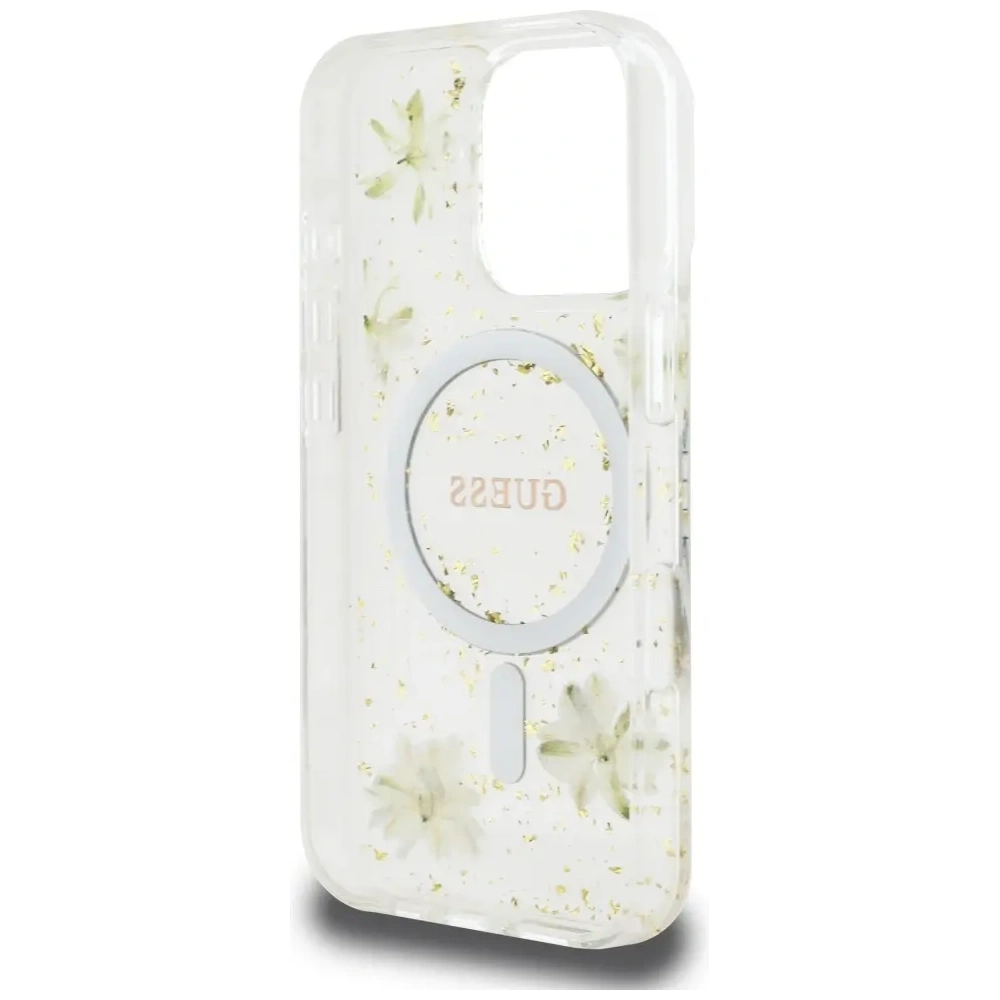 Etui Guess Resin Flowers Glitter MagSafe do Apple iPhone 16 Pro beżowy