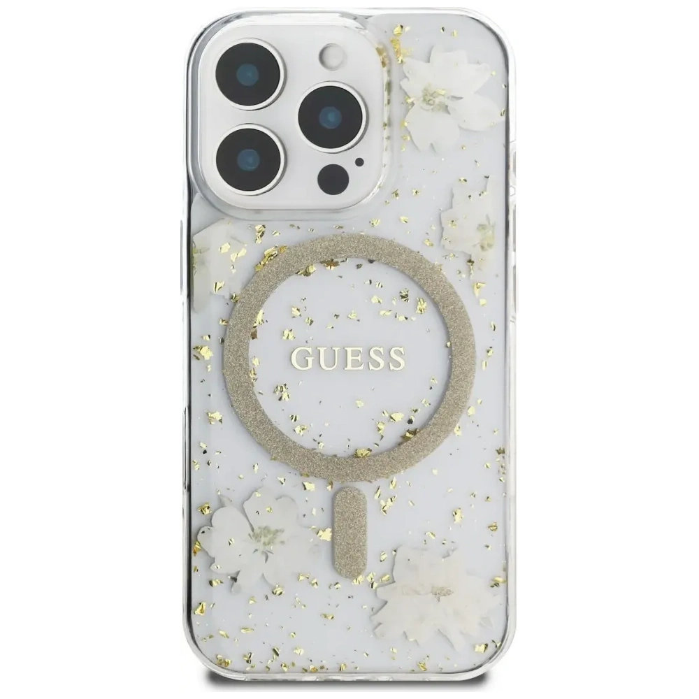 Etui Guess Resin Flowers Glitter MagSafe do Apple iPhone 16 Pro Max beżowy