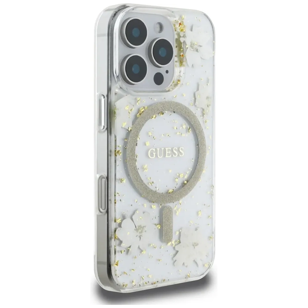 Etui Guess Resin Flowers Glitter MagSafe do Apple iPhone 16 Pro Max beżowy