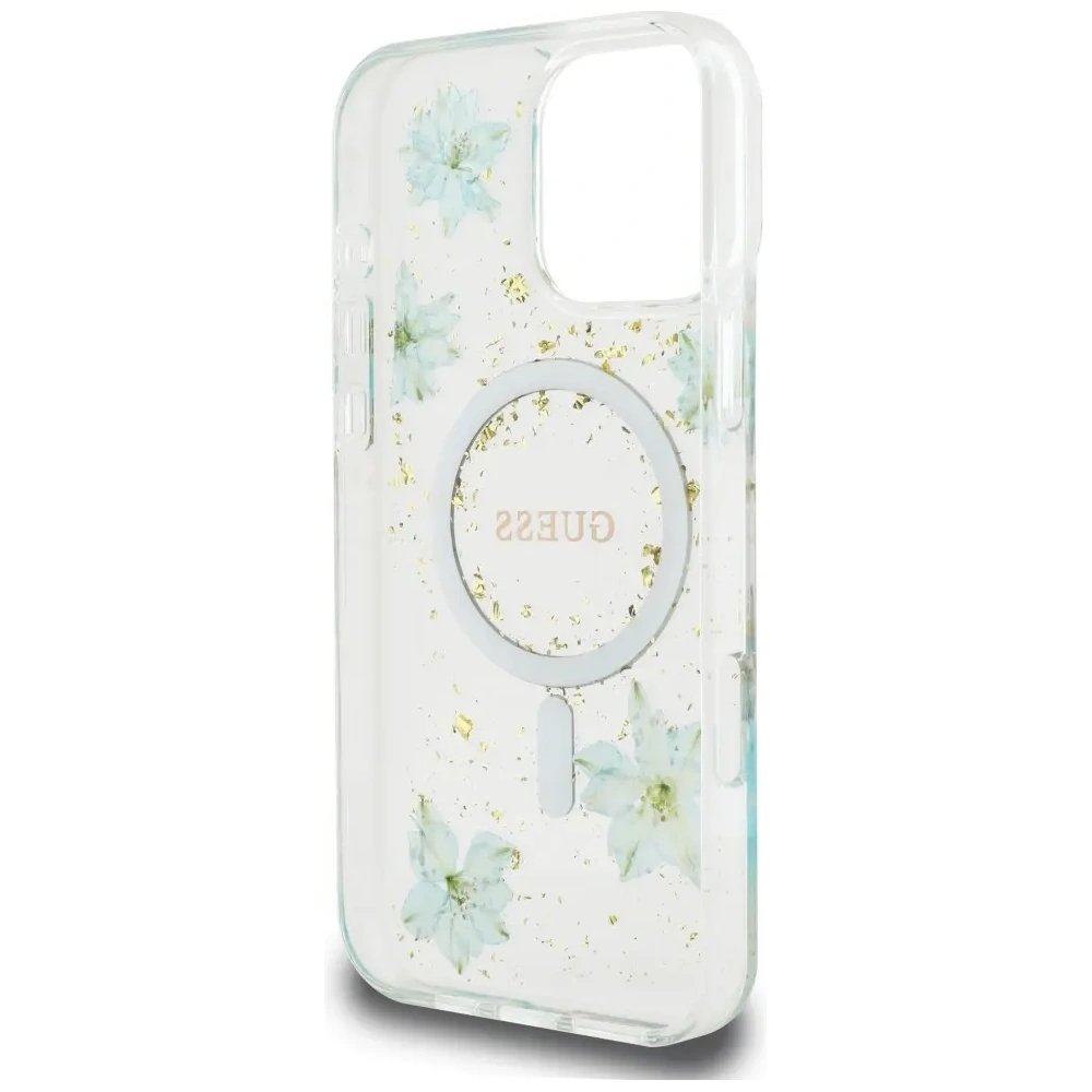 Etui Guess Resin Flowers Glitter MagSafe do Apple iPhone 16 Pro Max turkusowy