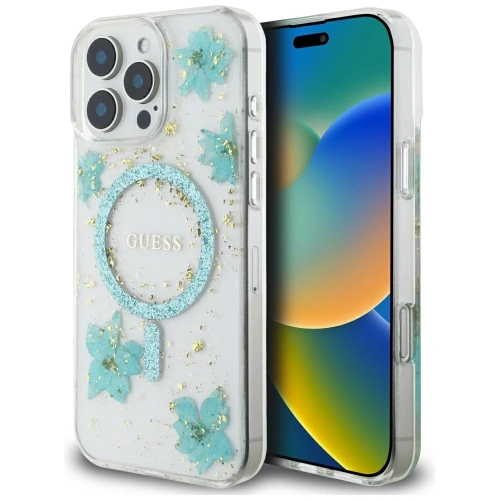 Kup Etui Guess Resin Flowers Glitter MagSafe pro Apple iPhone 16 Pro tyrkysový - GUE4499 - {ean13} - Sklep Home Screen