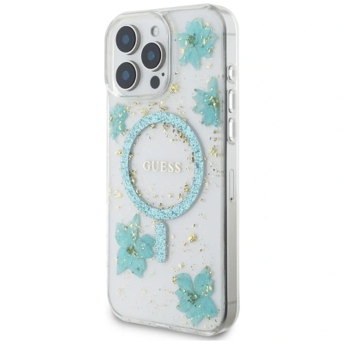 Kup Etui Guess Resin Flowers Glitter MagSafe pro Apple iPhone 16 Pro tyrkysový - GUE4499 - {ean13} - Sklep Home Screen