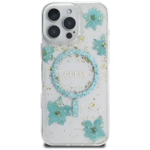 Kup Etui Guess Resin Flowers Glitter MagSafe do Apple iPhone 16 Pro turkusowy - GUE4499 - {ean13} - Sklep Home Screen