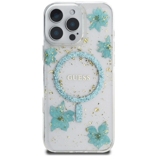 Kup Etui Guess Resin Flowers Glitter MagSafe pro Apple iPhone 16 Pro tyrkysový - GUE4499 - {ean13} - Sklep Home Screen