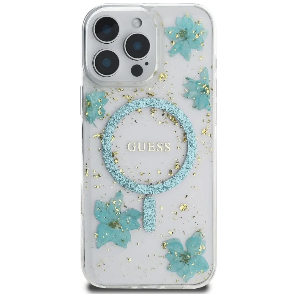 Etui Guess Resin Flowers Glitter MagSafe do Apple iPhone 16 Pro turkusowy