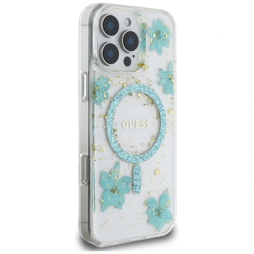 Kup Etui Guess Resin Flowers Glitter MagSafe pro Apple iPhone 16 Pro tyrkysový - GUE4499 - {ean13} - Sklep Home Screen