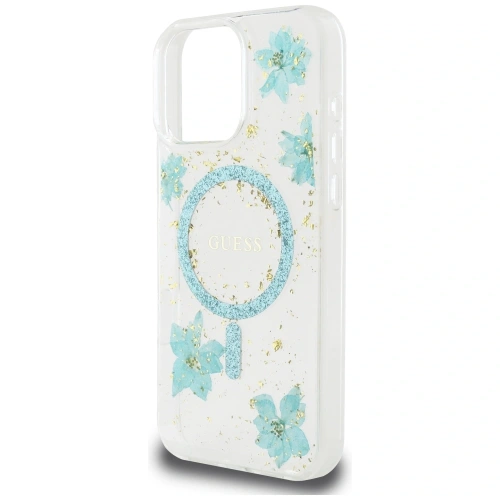 Kup Etui Guess cu flori din rășină și sclipici MagSafe pentru Apple iPhone 16 Pro turcoaz - GUE4499 - {ean13} - Sklep Home Screen