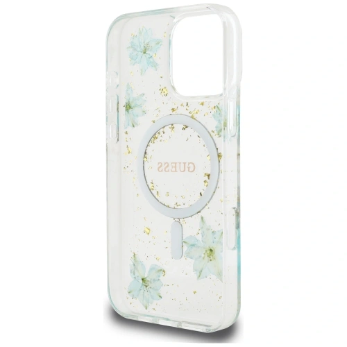 Kup Etui Guess Resin Flowers Glitter MagSafe pro Apple iPhone 16 Pro tyrkysový - GUE4499 - {ean13} - Sklep Home Screen