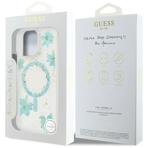 Kup Etui Guess Resin Flowers Glitter MagSafe pro Apple iPhone 16 Pro tyrkysový - GUE4499 - {ean13} - Sklep Home Screen