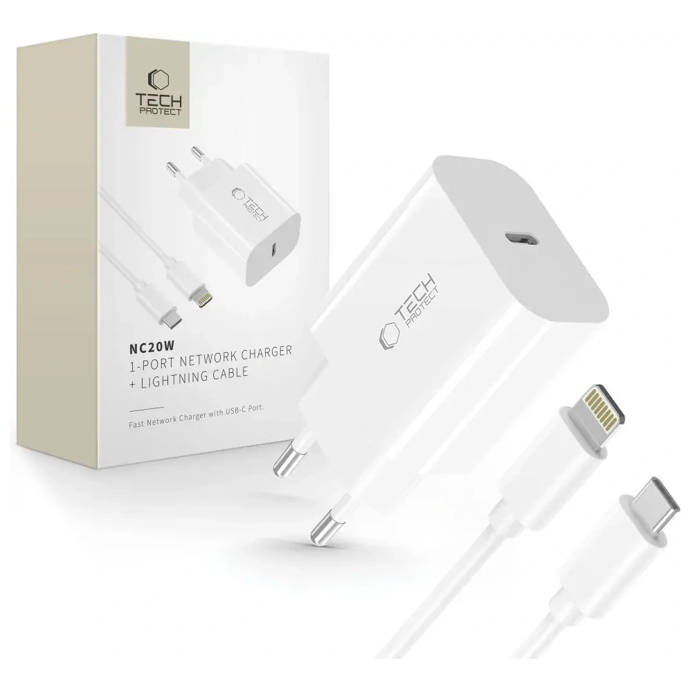 Ładowarka sieciowa Tech-Protect NC20W 1-port USB-C Network Charger PD 20W + Lightning Cable White