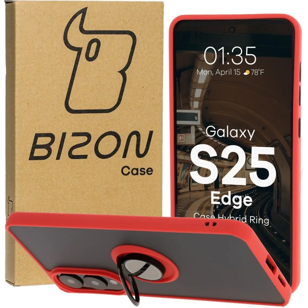 Etui z uchwytem na palec Bizon Case Hybrid Ring do Samsung Galaxy S25 Edge przydymione z czerwoną ramką